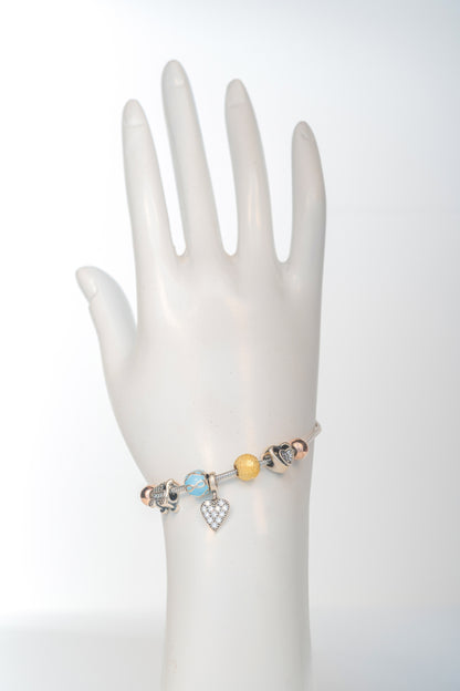 Multi-Charm Pure 925 Silver Bracelet with Heart & Bead Accents – 7 inch