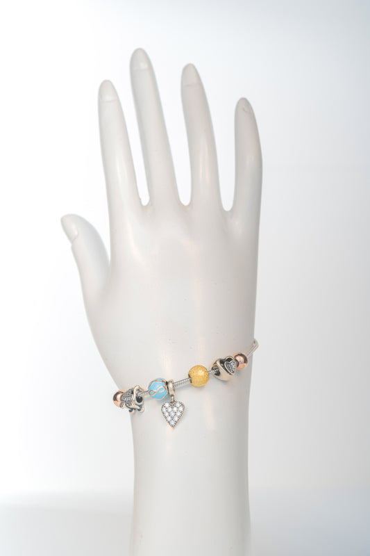 Multi-Charm Pure 925 Silver Bracelet with Heart & Bead Accents – 7 inch