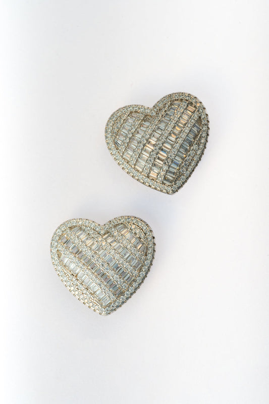 Pure 925 Silver Heart Earrings with Baguette & Round CZ 20x21mm