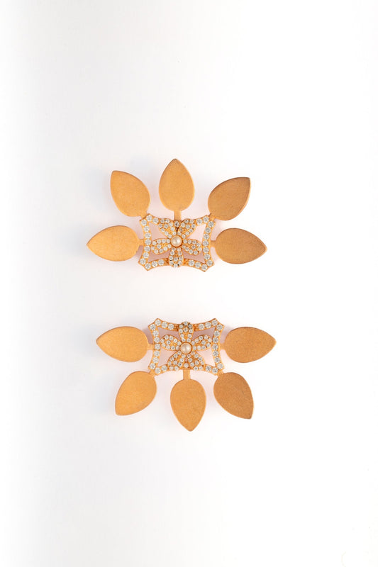 Gold-Tone Floral Leaf Earrings with Pearl & CZ Accents -38x22mm