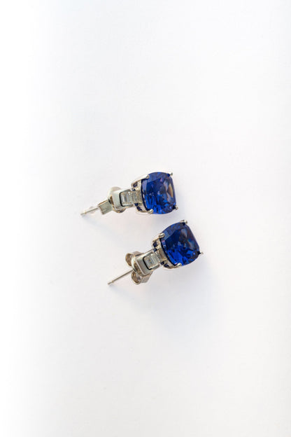 Pure 925 Silver Blue Cushion-Cut Stone Earrings with Baguette Accent – 12x7mm