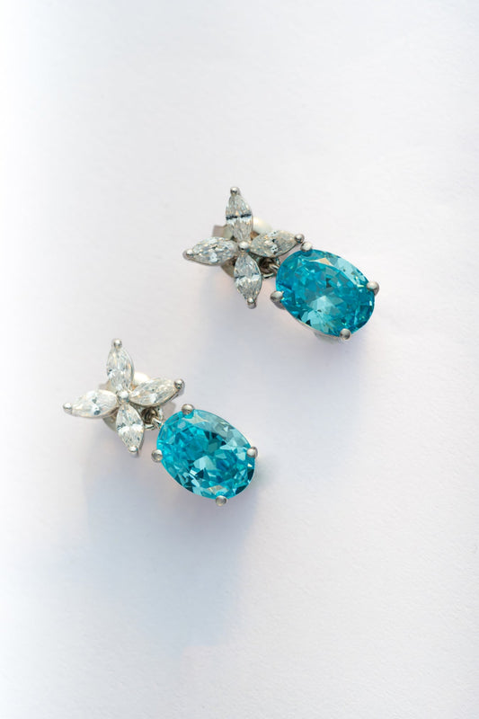 Pure 925 Silver Aqua Oval-Cut Stone Earrings with Floral CZ Cluster – 14x9mm