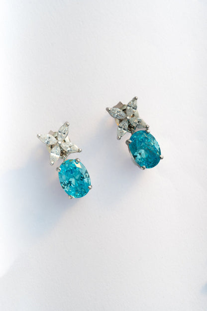 Pure 925 Silver Aqua Oval-Cut Stone Earrings with Floral CZ Cluster – 14x9mm