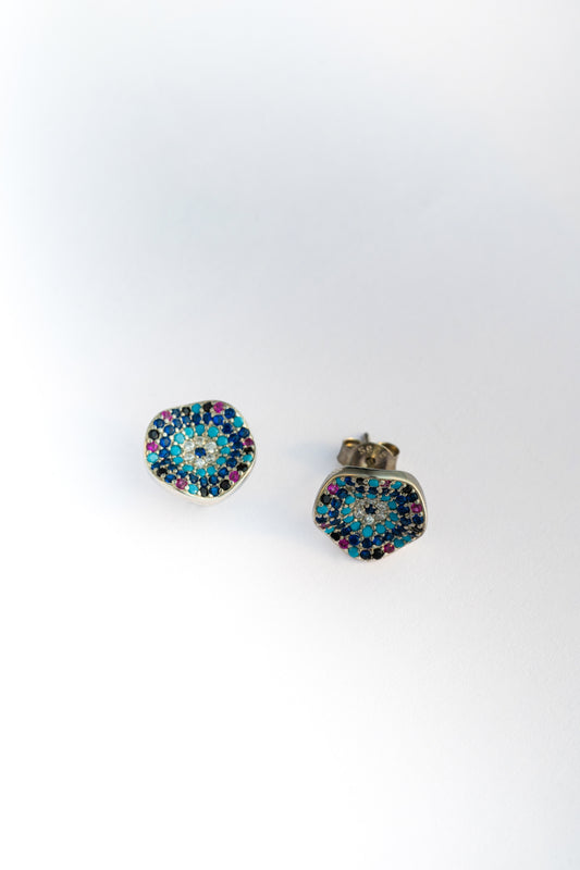Pure 925 Silver Multicolor Evil Eye-Inspired Stud Earrings – 12x12mm