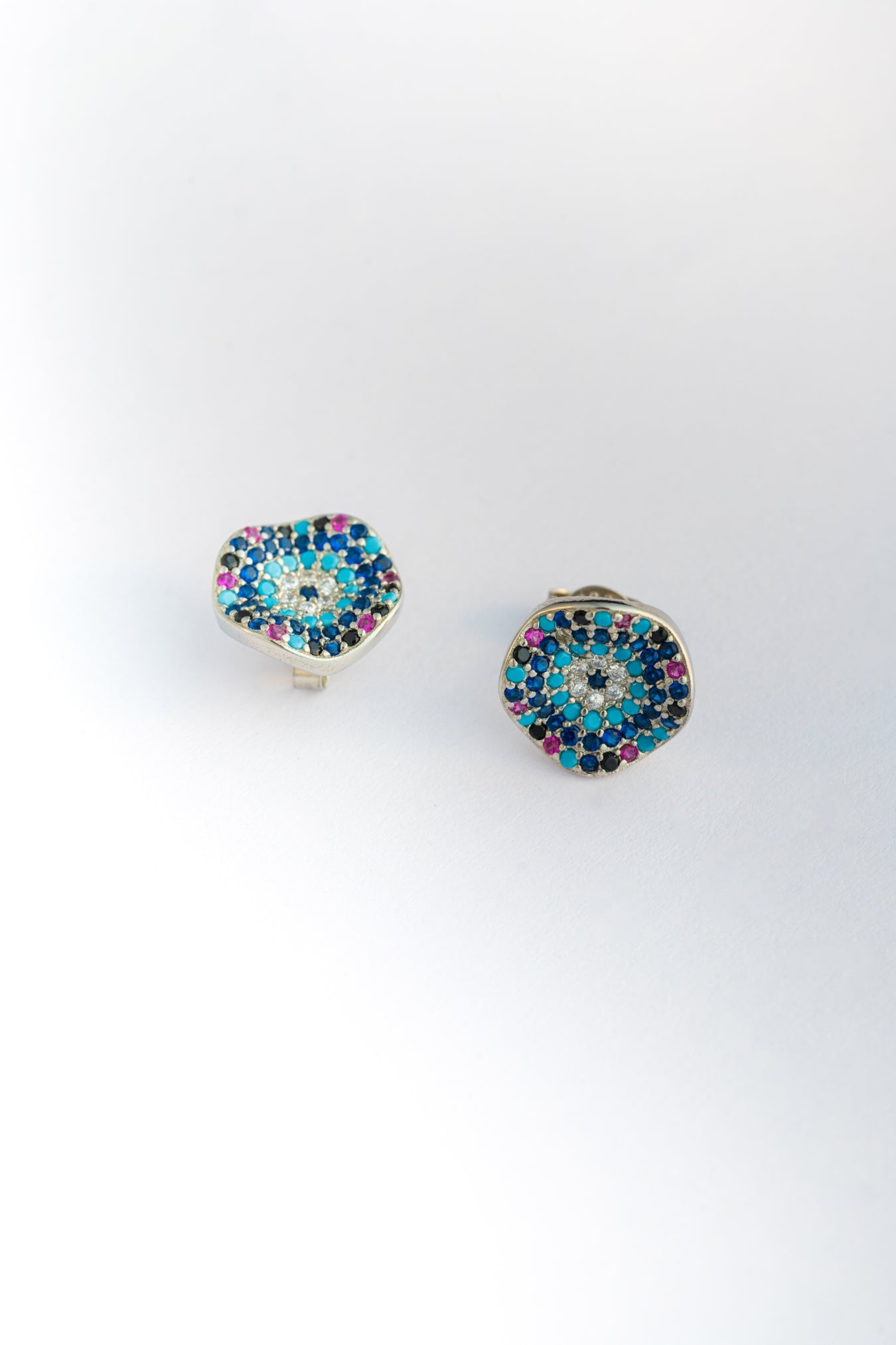 Pure 925 Silver Multicolor Evil Eye-Inspired Stud Earrings – 12x12mm