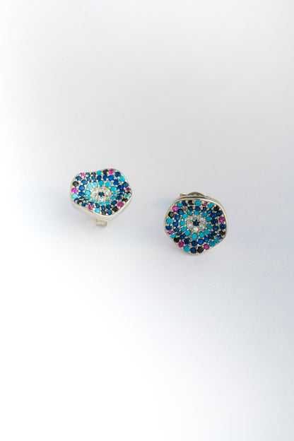 Pure 925 Silver Multicolor Evil Eye-Inspired Stud Earrings – 12x12mm