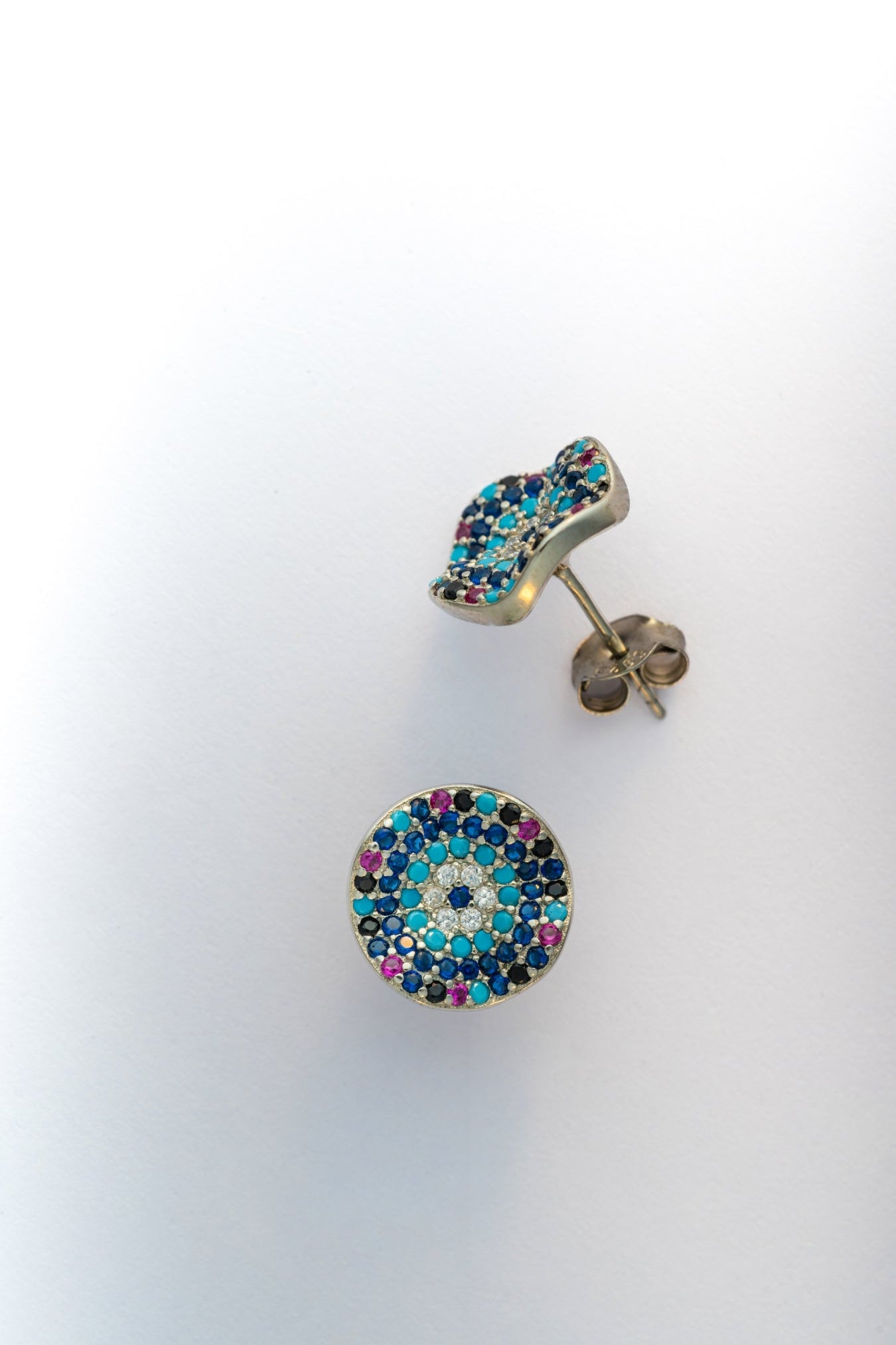 Pure 925 Silver Multicolor Evil Eye-Inspired Stud Earrings – 12x12mm