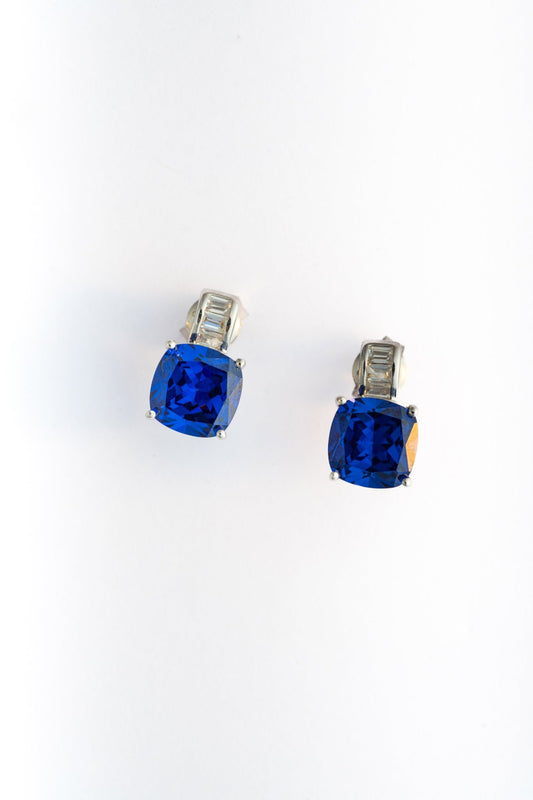 Pure 925 Silver Blue Cushion-Cut Stone Earrings with Baguette Accent – 12x7mm