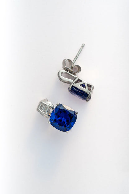 Pure 925 Silver Blue Cushion-Cut Stone Earrings with Baguette Accent – 12x7mm
