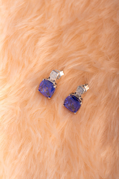 Pure 925 Silver Blue Cushion-Cut Stone Earrings with Baguette Accent – 12x7mm