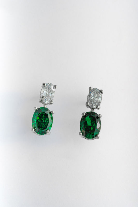 Pure 925 Silver Emerald Green & White Oval Drop Earrings – 14x7mm