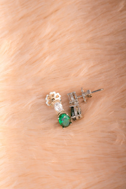 Pure 925 Silver Emerald Green & White Oval Drop Earrings – 14x7mm