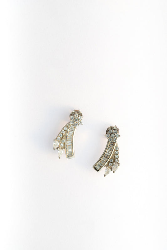 Pure 925 Silver Floral Baguette & Pear Drop Earrings – 16x7mm