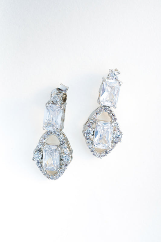 Pure 925 Silver Emerald-Cut & Halo Drop Earrings – 19x9mm