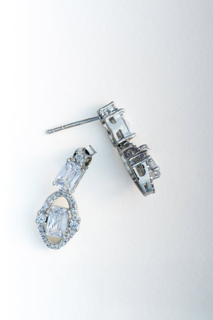 Pure 925 Silver Emerald-Cut & Halo Drop Earrings – 19x9mm