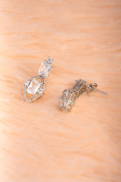 Pure 925 Silver Emerald-Cut & Halo Drop Earrings – 19x9mm