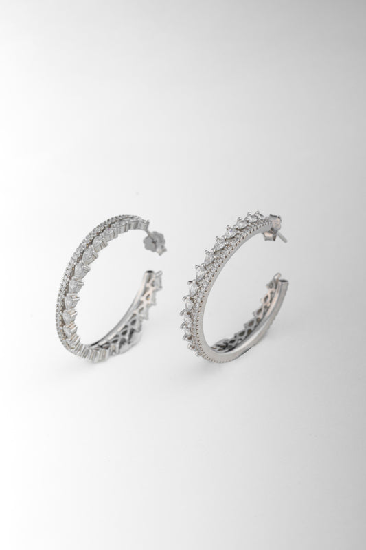 Pure 925 Silver Baguette & Round Cut Hoop Earrings – 32x32mm