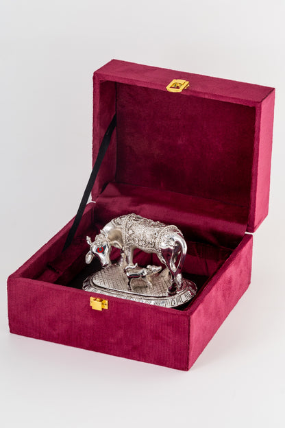 Silver-Foiled Kamdhenu Cow & Calf Figurine on Wooden Base – 5in × 7in