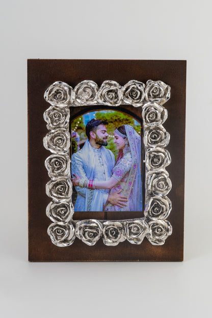 Elegant Wooden Photo Frame with Silver Foiled Rose Border – 9x7 Inches