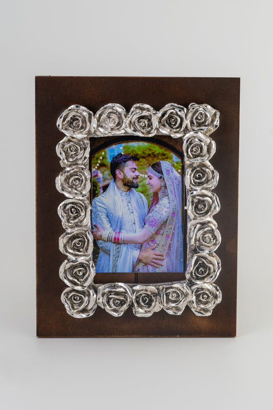 Elegant Wooden Photo Frame with Silver Foiled Rose Border – 9x7 Inches