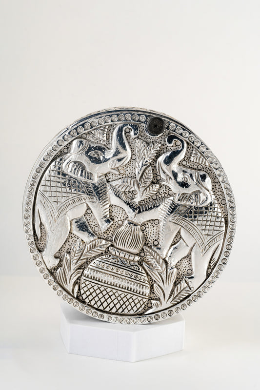 Engraved Silver-Foiled Round Dry Fruit Box with Lid – 3in × 8in