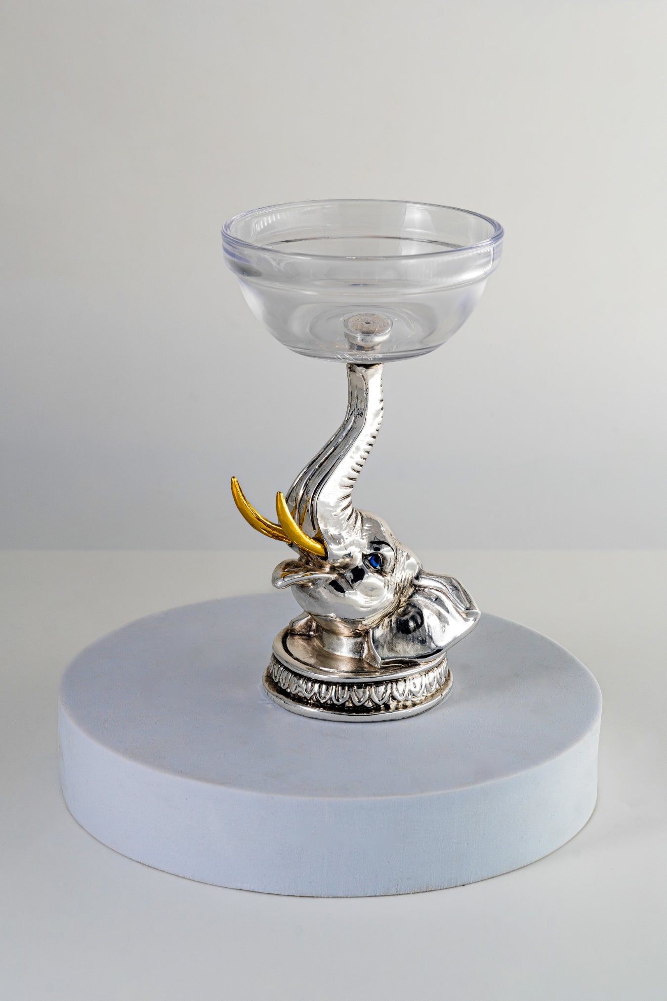Silver-Foiled Elephant Base Glass Bowl with Golden Tusks – 6.5in × 2.5in