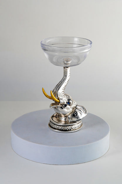 Silver-Foiled Elephant Base Glass Bowl with Golden Tusks – 6.5in × 2.5in