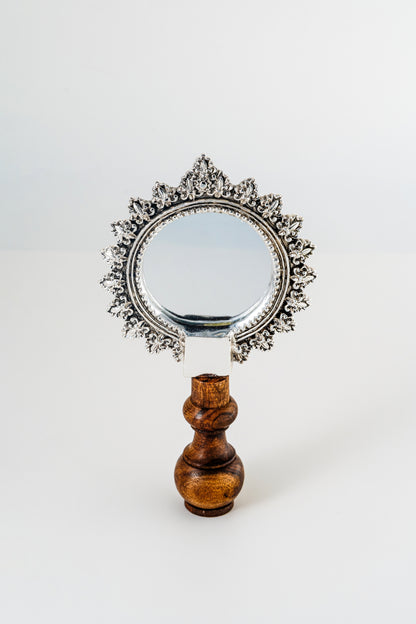 Ornate Silver-Foiled Round Mirror with Wooden Stand – 8in × 4in