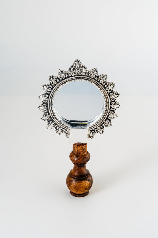 Ornate Silver-Foiled Round Mirror with Wooden Stand – 8in × 4in