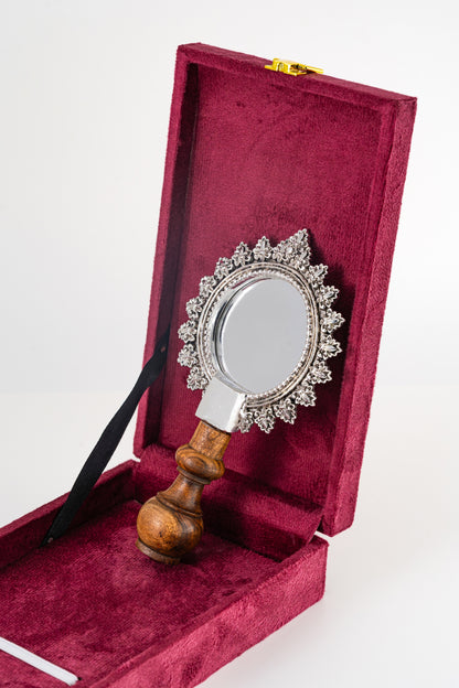 Ornate Silver-Foiled Round Mirror with Wooden Stand – 8in × 4in