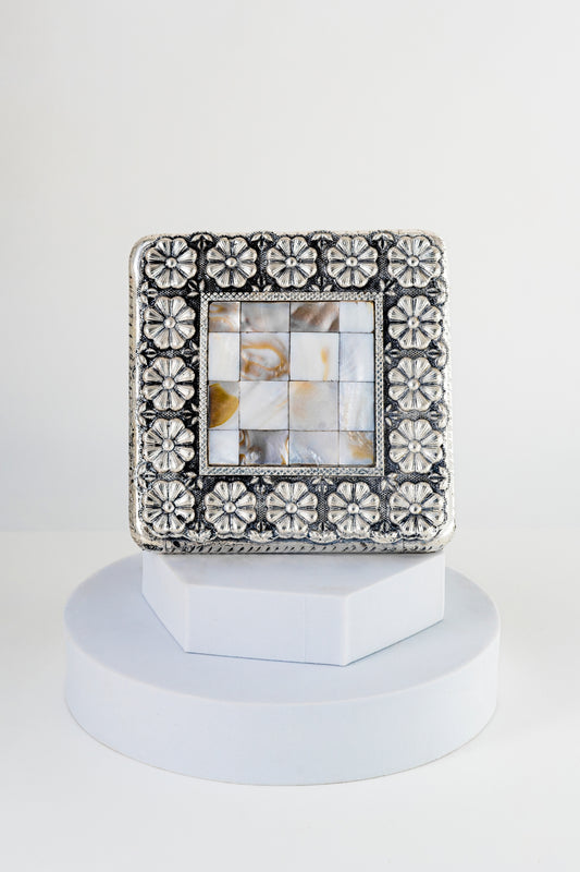 Square Silver-Foiled Chowki with Floral Border & Inlay Work – 5in × 5in
