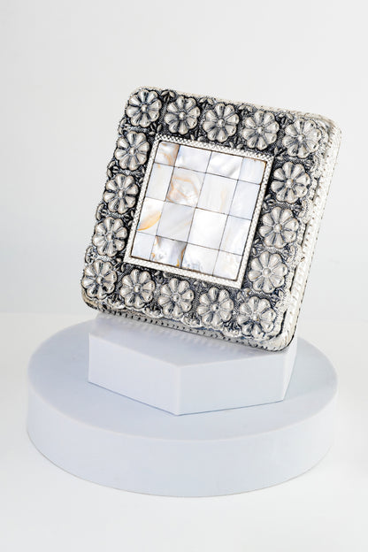 Square Silver-Foiled Chowki with Floral Border & Inlay Work – 5in × 5in