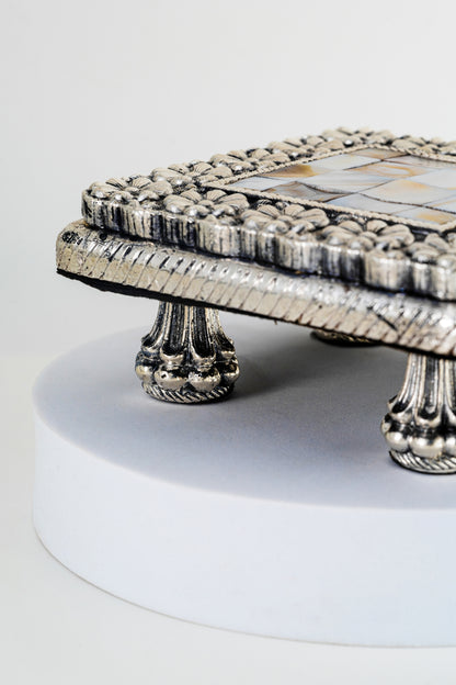 Square Silver-Foiled Chowki with Floral Border & Inlay Work – 5in × 5in