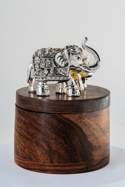 Wooden Box with Silver & Gold Foiled Elephant Lid – 5in × 4in