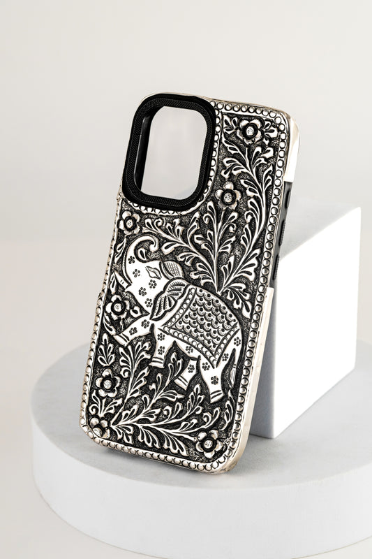 Handcrafted Pure 925 Silver Designer Mobile Case – iPhone 15 (Elephant Motif)