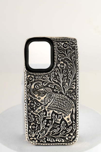 Handcrafted Pure 925 Silver Designer Mobile Case – iPhone 15 (Elephant Motif)