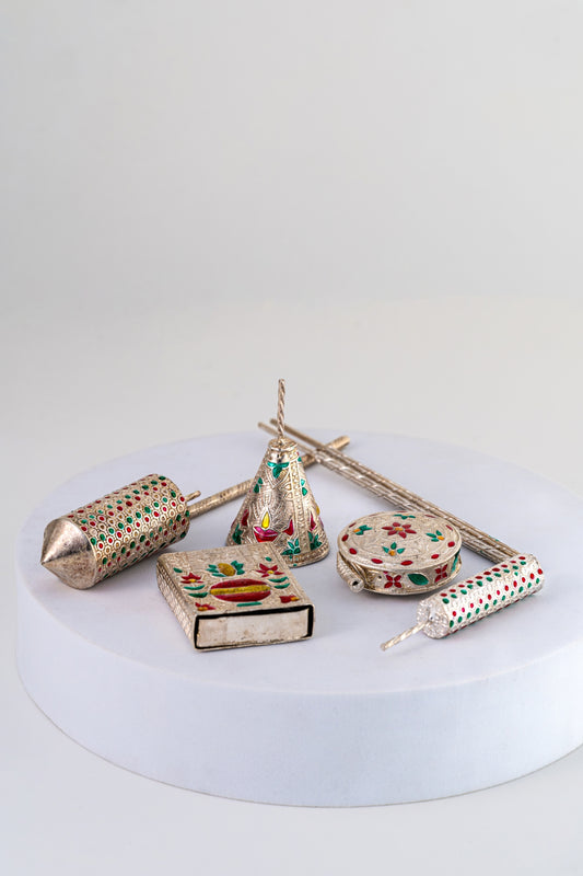 Pure 925 Silver Miniature Diwali Cracker Set – Handcrafted Collectibles (Set of 7)
