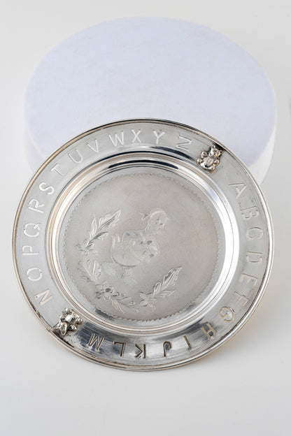 Pure 925 Silver Baby Plate with Engraved Alphabet Border – 7 Inch