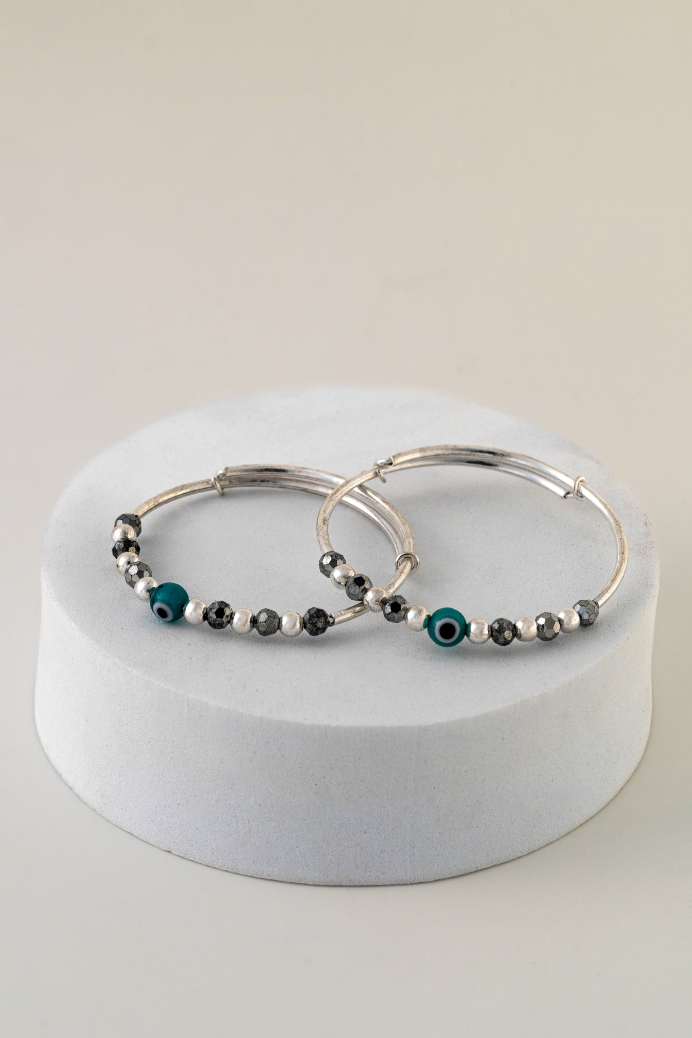 Pure 925 Silver Hoop Bangles with Evil Eye & Bead Detailing – Free Size (Unisex)