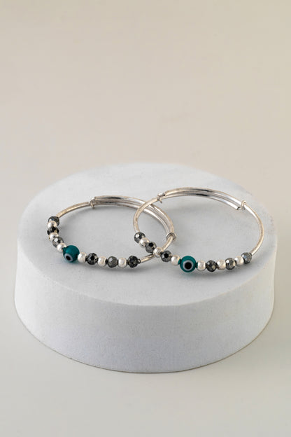 Pure 925 Silver Hoop Bangles with Evil Eye & Bead Detailing – Free Size (Unisex)