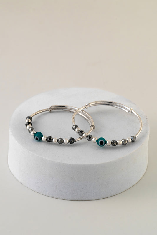 Pure 925 Silver Hoop Bangles with Evil Eye & Bead Detailing – Free Size (Unisex)