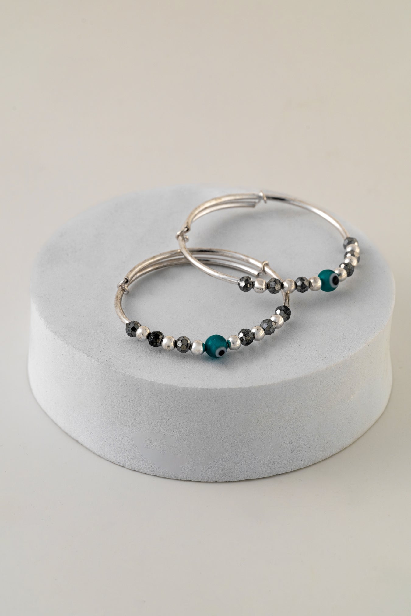 Pure 925 Silver Hoop Bangles with Evil Eye & Bead Detailing – Free Size (Unisex)