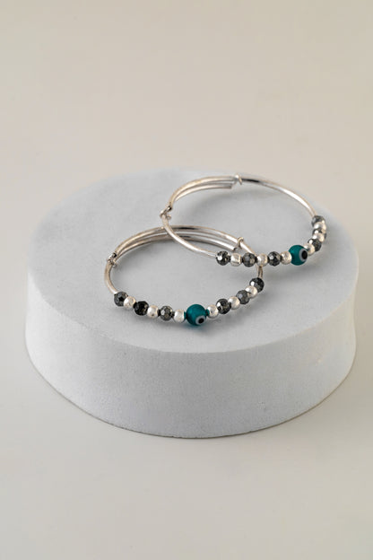 Pure 925 Silver Hoop Bangles with Evil Eye & Bead Detailing – Free Size (Unisex)