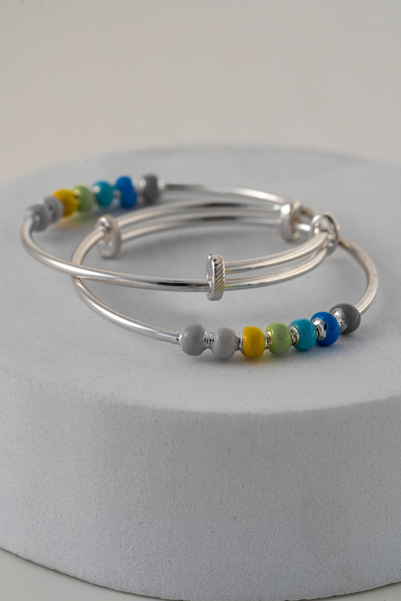 Pure 925 Silver Adjustable Bangles with Colorful Beads – Free Size (Unisex/Kids)