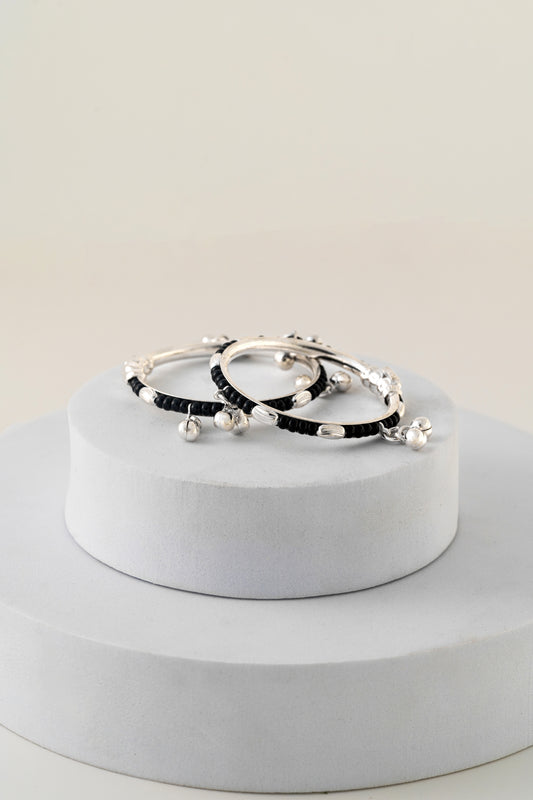 Pure 925 Silver Kids Bangles with Black Beads – 1.10 Inch