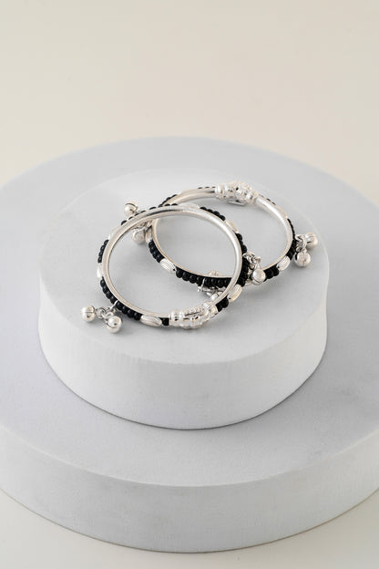 Pure 925 Silver Kids Bangles with Black Beads – 1.10 Inch