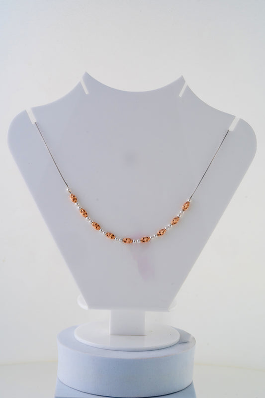 Rose Gold Beaded Necklace with White Spacers – 18 Inch