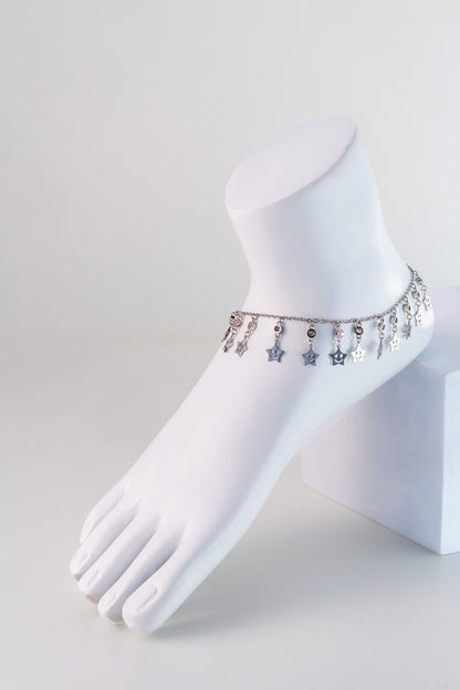Star Charm Pure 925 Silver Anklet with Smiley Motifs (10 Inch Adjustable)