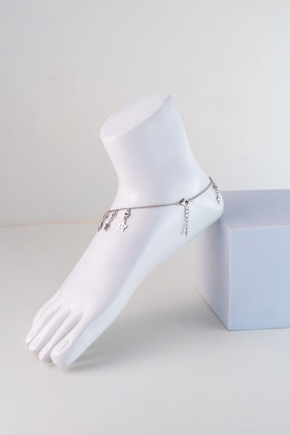 Star Charm Pure 925 Silver Anklet with Smiley Motifs (10 Inch Adjustable)