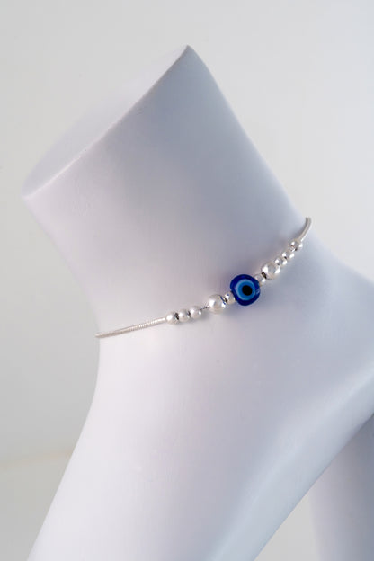 Pure 925 Silver Evil Eye Beaded Anklet (Free Size)